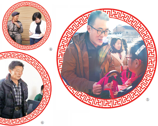 圖④：梅杰（右）在了解扶貧產(chǎn)業(yè)發(fā)展情況。 　　圖⑤：楊遠(yuǎn)帆（左一）為貧困學(xué)生送去學(xué)習(xí)用品。 　　圖⑥：南賽在村委會(huì)研究扶貧工作。 　　資料照片